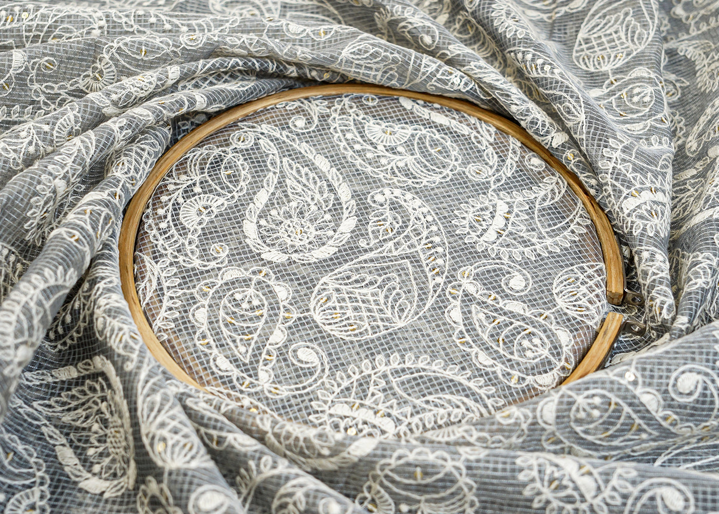 Grey Cotton Fabric with All Over Kotadoria Work with Thread and Sequins 15197