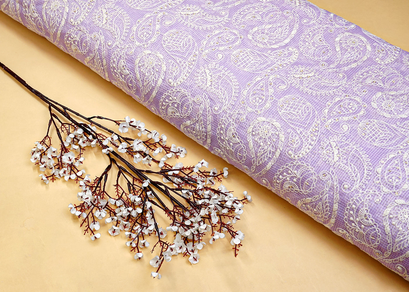 Lavender Cotton Fabric with All Over Kotadoria Work with Thread and Sequins 15198