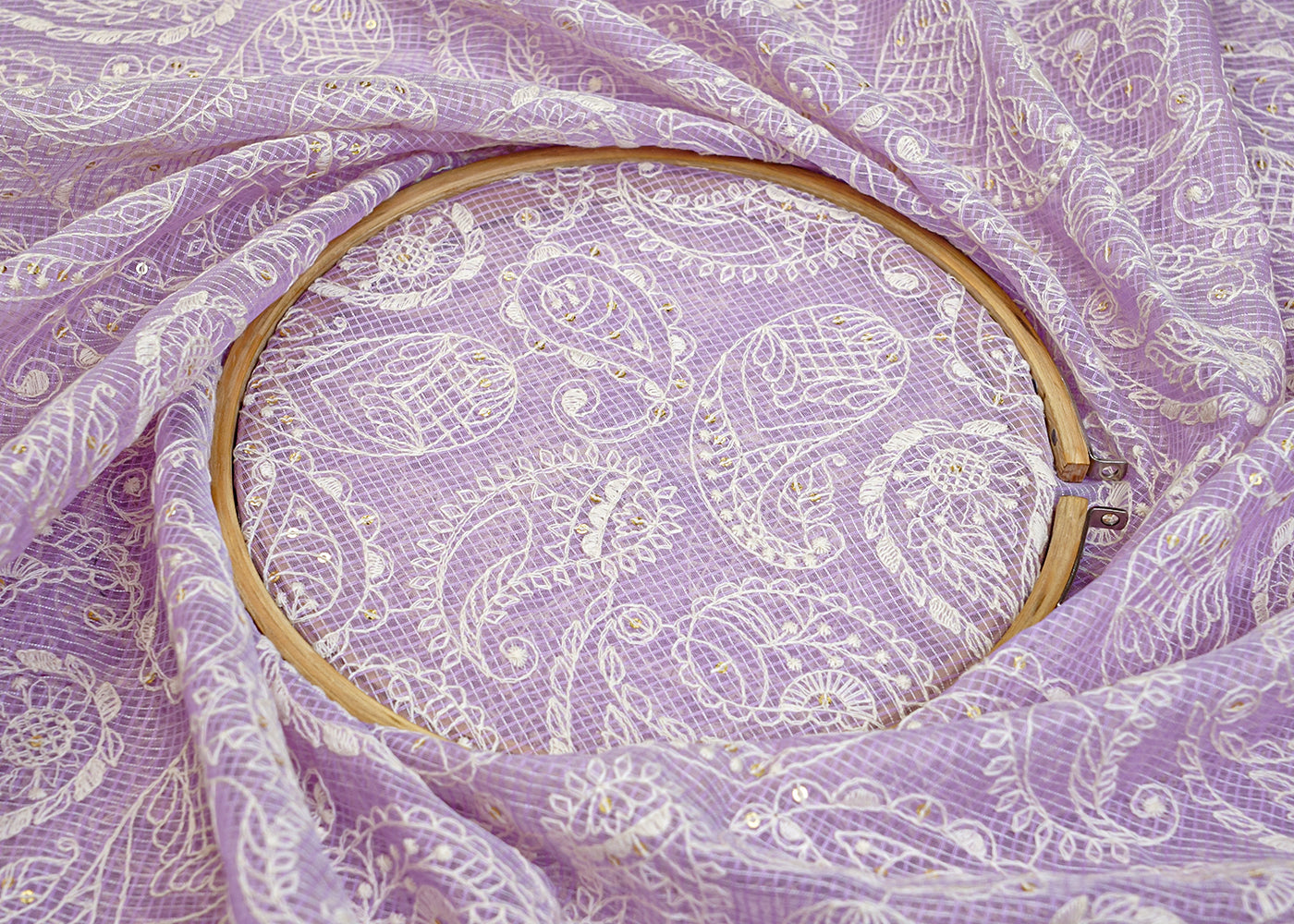 Lavender Cotton Fabric with All Over Kotadoria Work with Thread and Sequins 15198