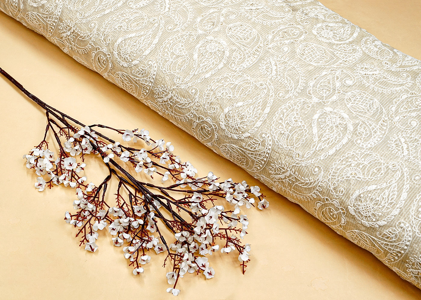 Off White Cotton Fabric with All Over Kotadoria Work with Thread and Sequins 15200