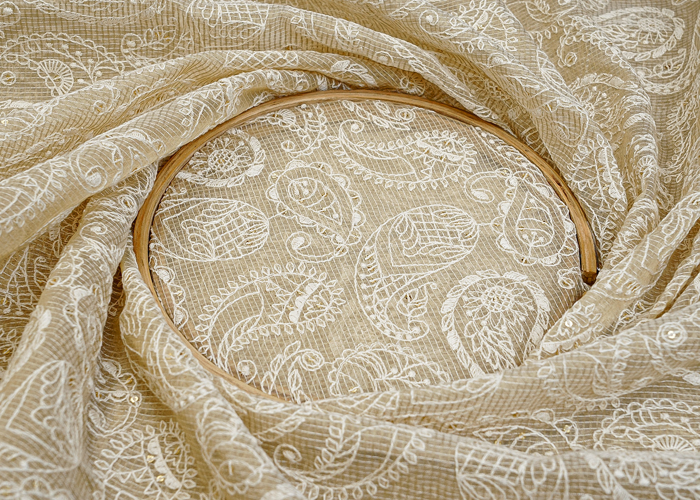 Off White Cotton Fabric with All Over Kotadoria Work with Thread and Sequins 15200