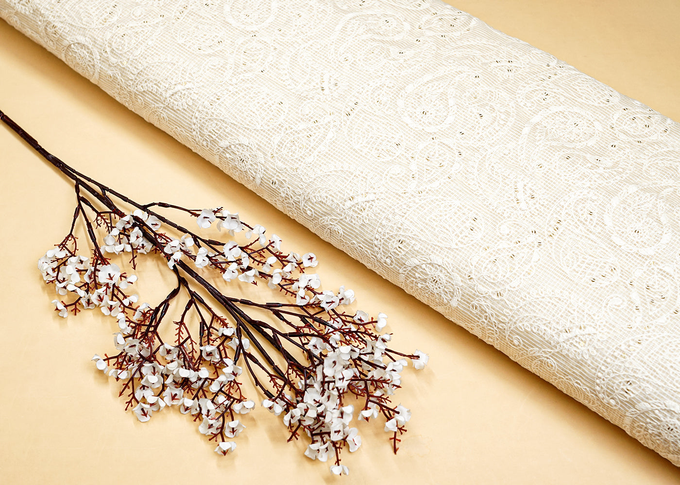 Off White Cotton Fabric with All Over Kotadoria Work with Thread and Sequins 15201