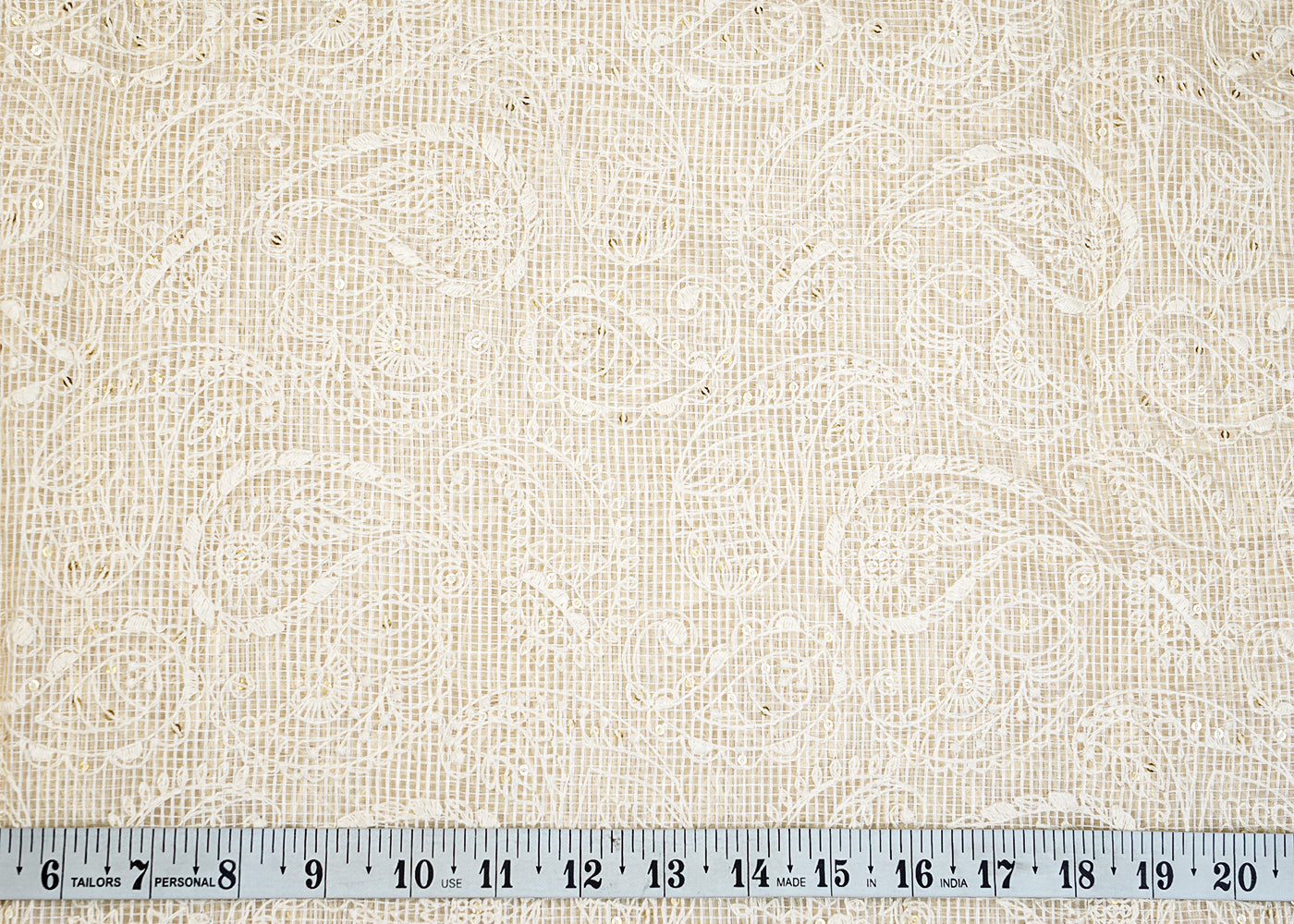 Off White Cotton Fabric with All Over Kotadoria Work with Thread and Sequins 15201