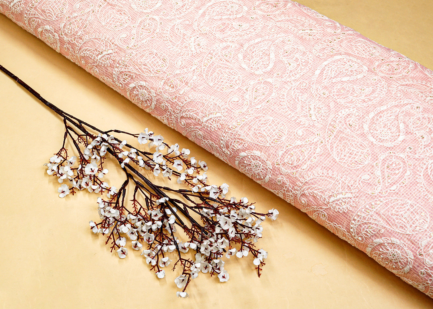 Light Pink Cotton Fabric with All Over Kotadoria Work with Thread and Sequins 15202