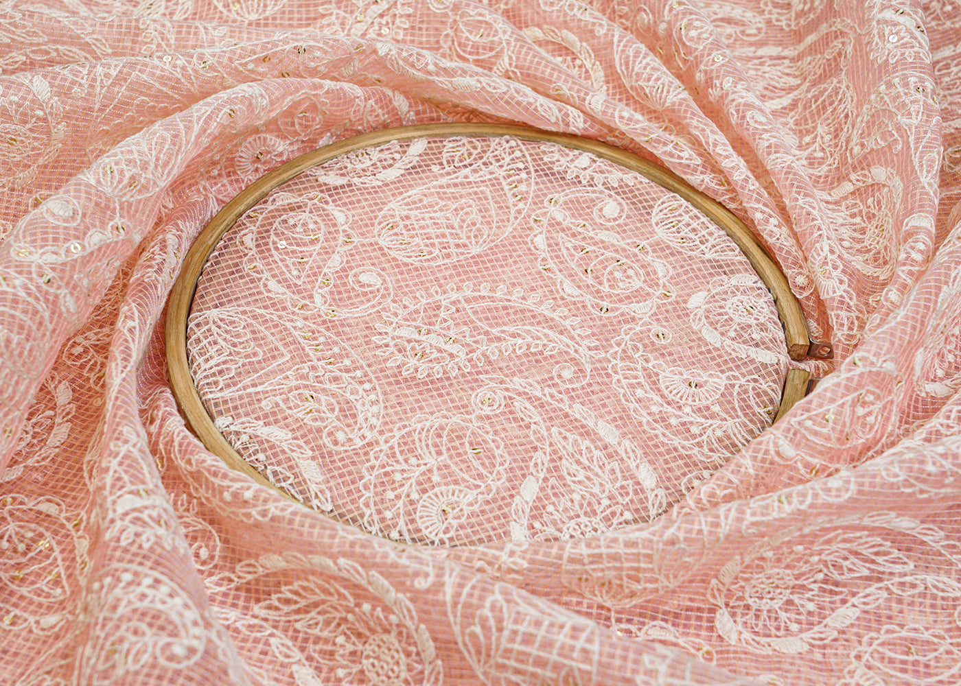 Light Pink Cotton Fabric with All Over Kotadoria Work with Thread and Sequins 15202