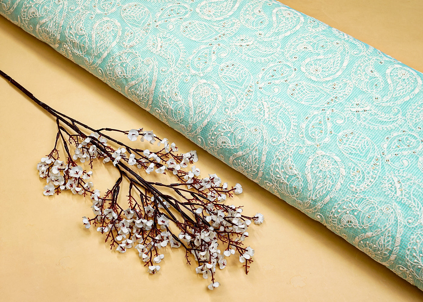 Sky Blue Cotton Fabric with All Over Kotadoria Work with Thread and Sequins 15203