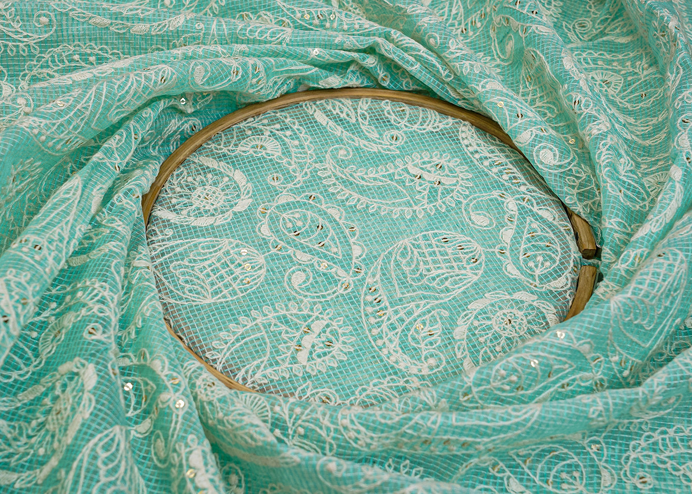 Sky Blue Cotton Fabric with All Over Kotadoria Work with Thread and Sequins 15203