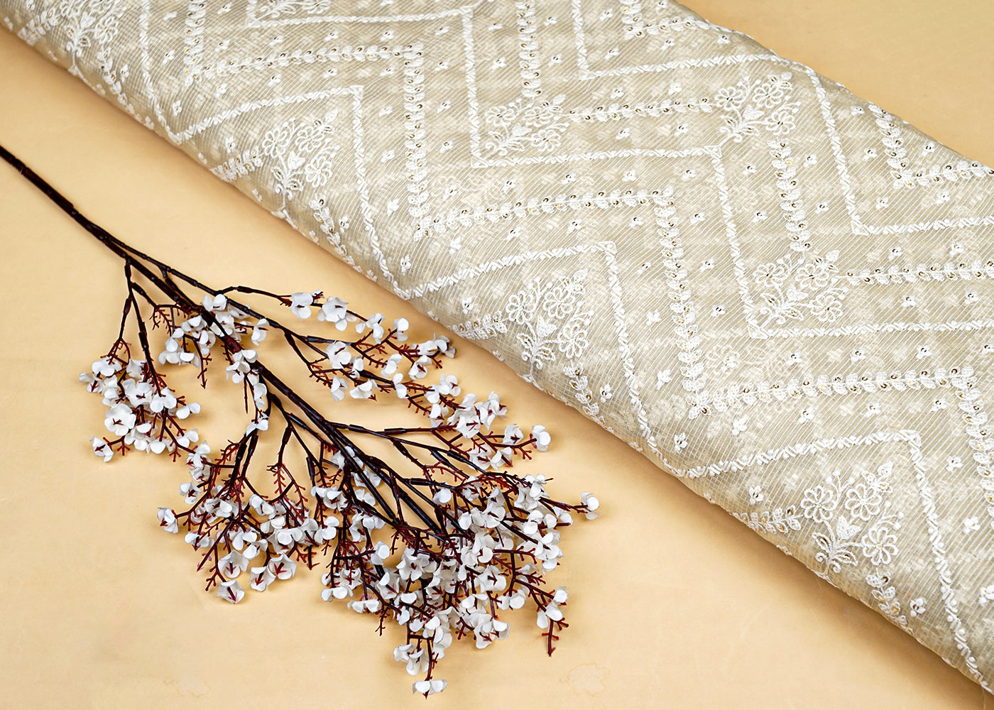Beige Cotton Fabric with All Over Kotadoria Work with Thread and Sequins 15213