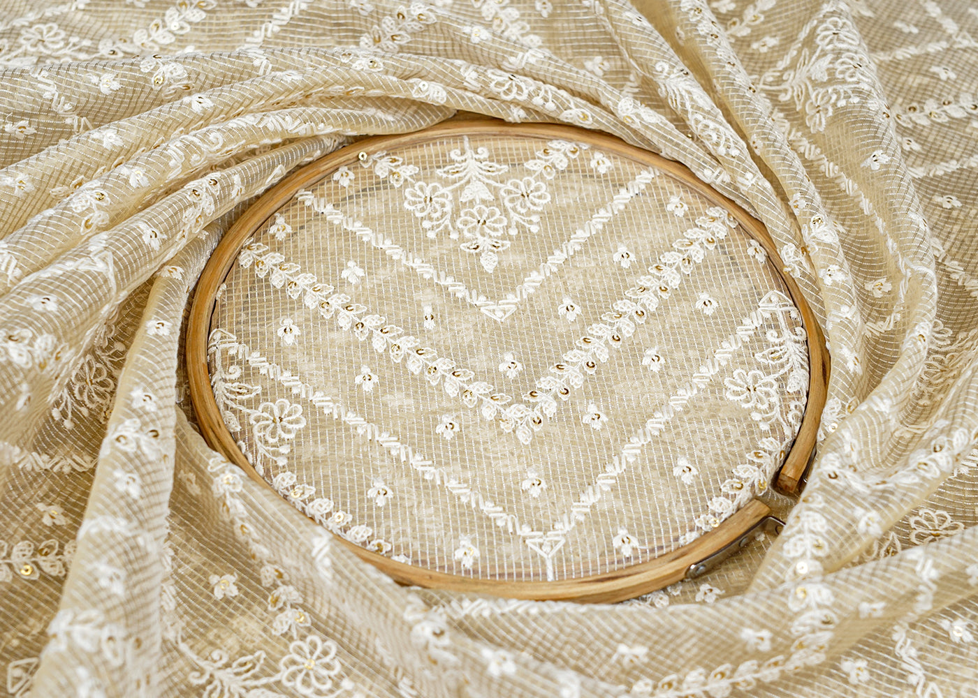 Beige Cotton Fabric with All Over Kotadoria Work with Thread and Sequins 15213