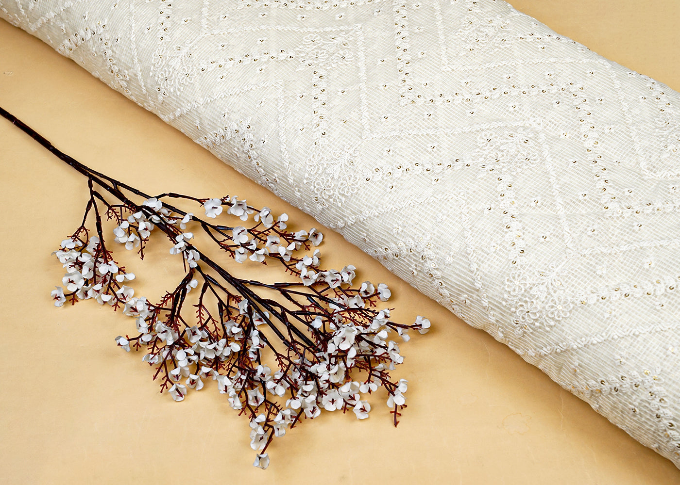 Off White Cotton Fabric with All Over Kotadoria Work with Thread and Sequins 15214