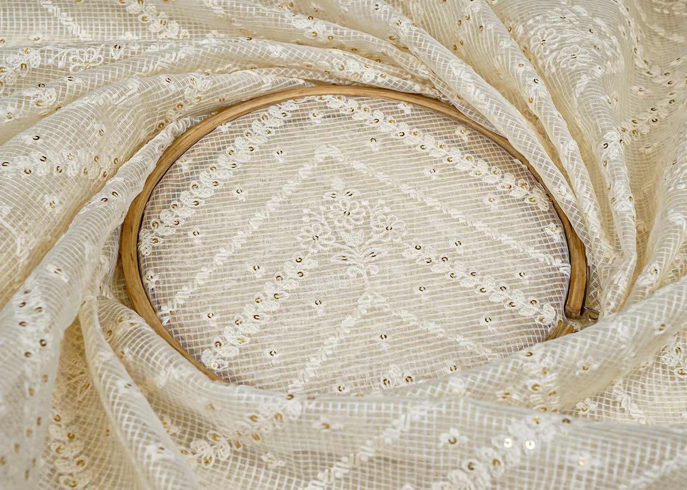 Off White Cotton Fabric with All Over Kotadoria Work with Thread and Sequins 15214