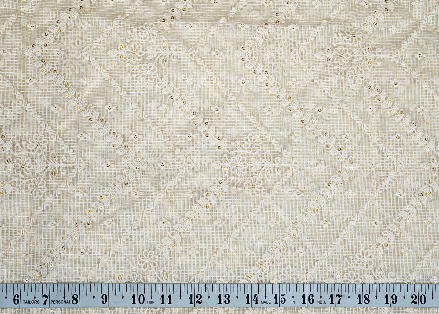 Off White Cotton Fabric with All Over Kotadoria Work with Thread and Sequins 15214