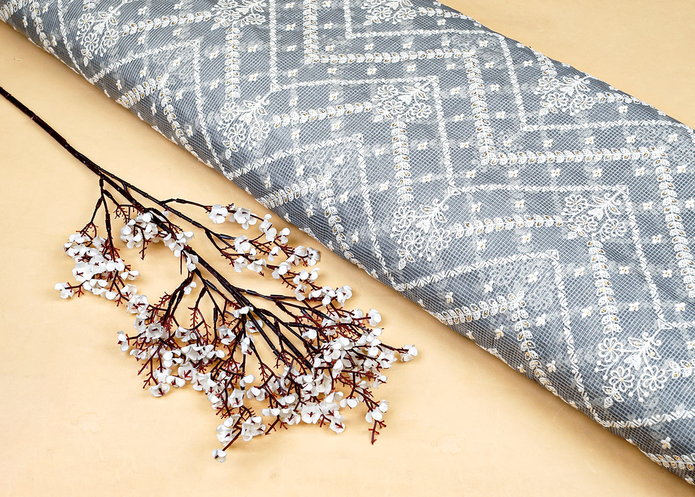 Steel Grey Refined KotaDoria Dye Block Printed Cotton Saree With Blouse