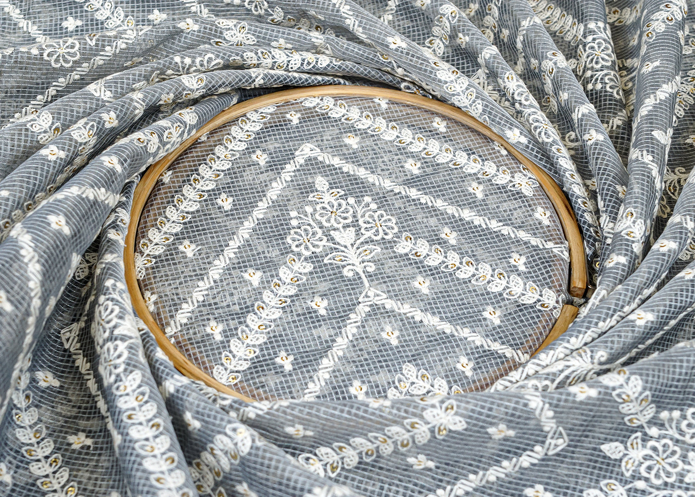 Grey Cotton Fabric with All Over Kotadoria Work with Thread and Sequins 15215