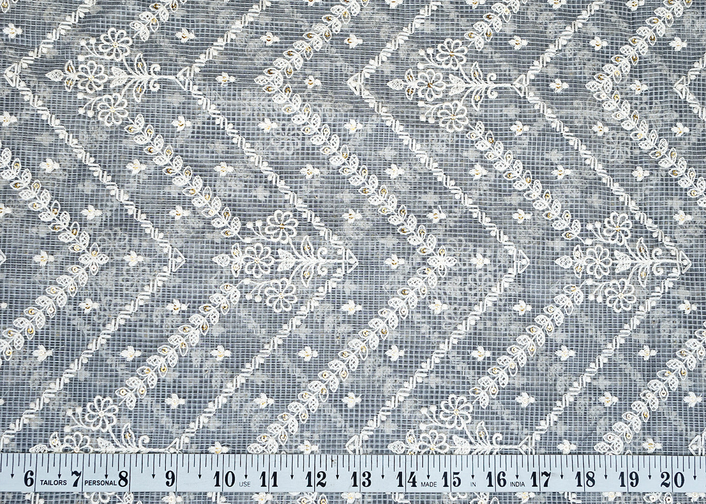 Grey Cotton Fabric with All Over Kotadoria Work with Thread and Sequins 15215