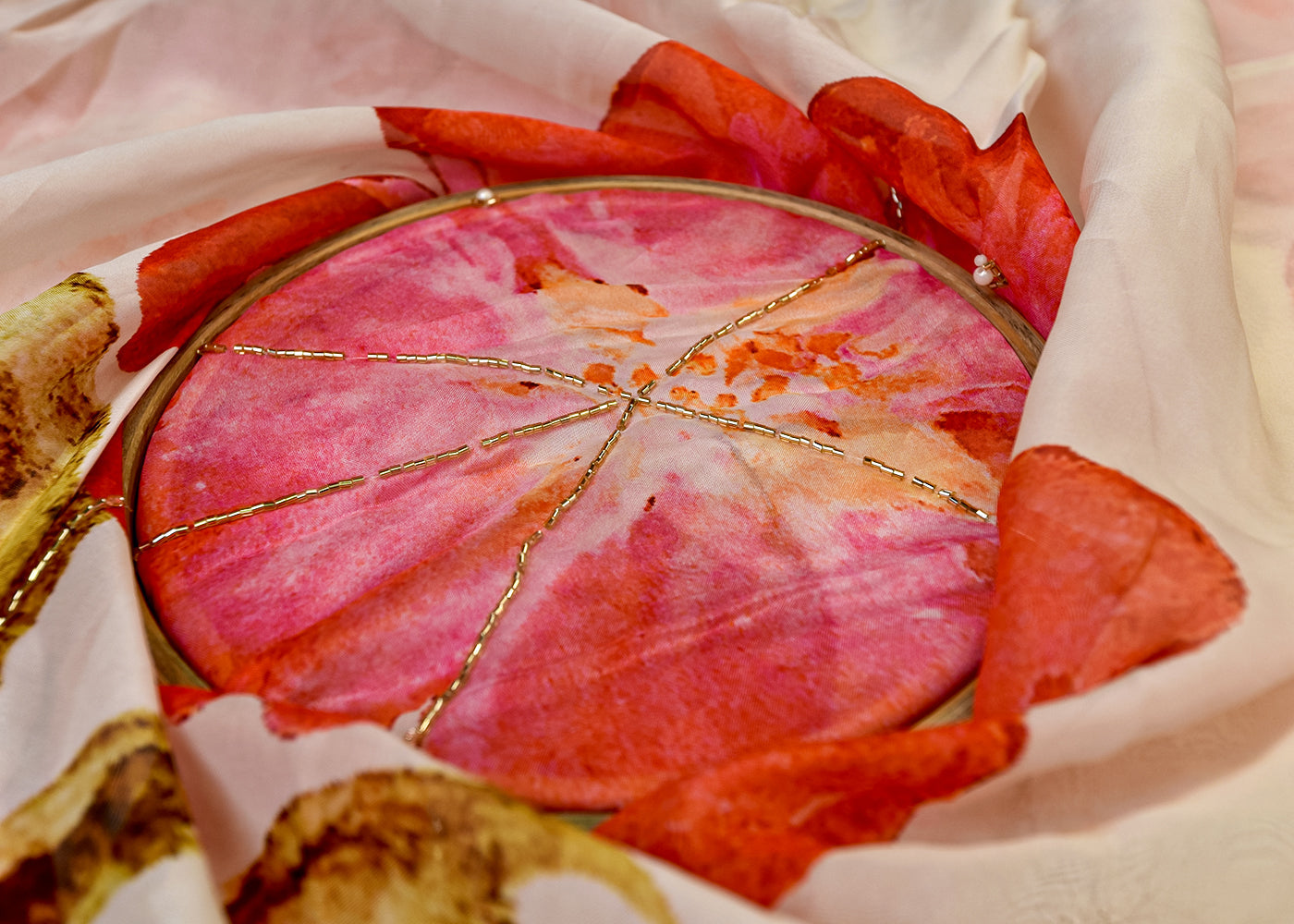 Gajri Organza Fabric with All Over Print, Katdana, and Pearl Work 15221