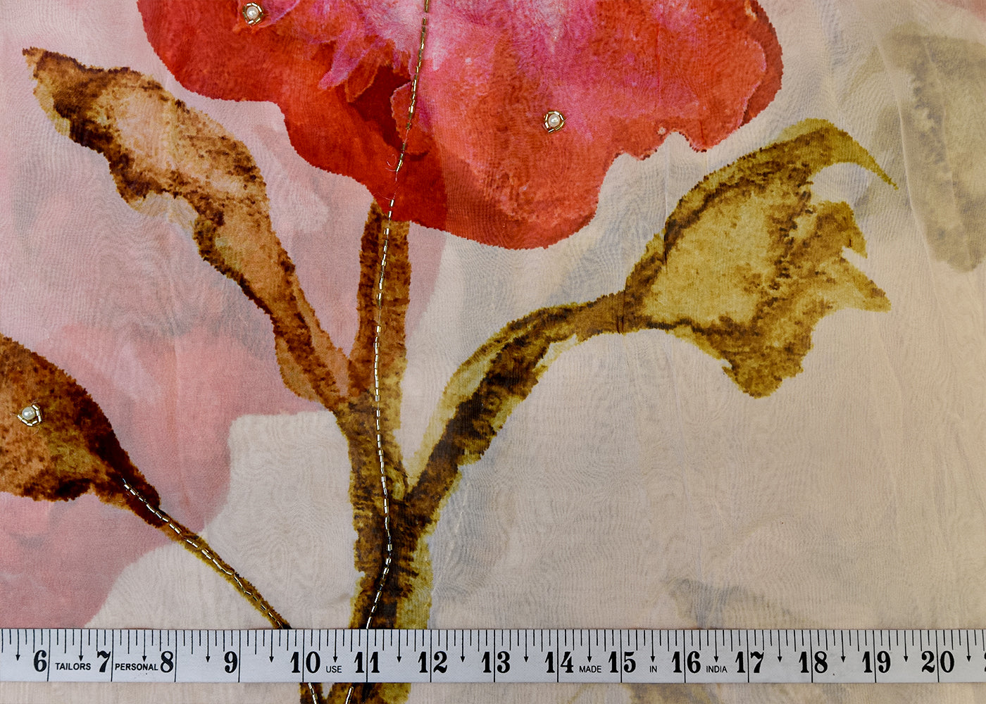 Gajri Organza Fabric with All Over Print, Katdana, and Pearl Work 15221