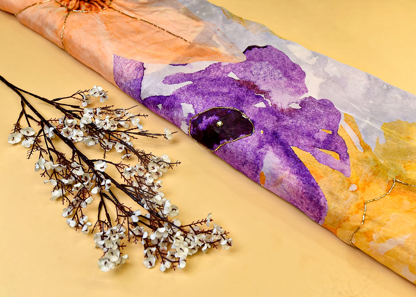 Purple Organza Fabric with All Over Print, Katdana, and Pearl Work 15223