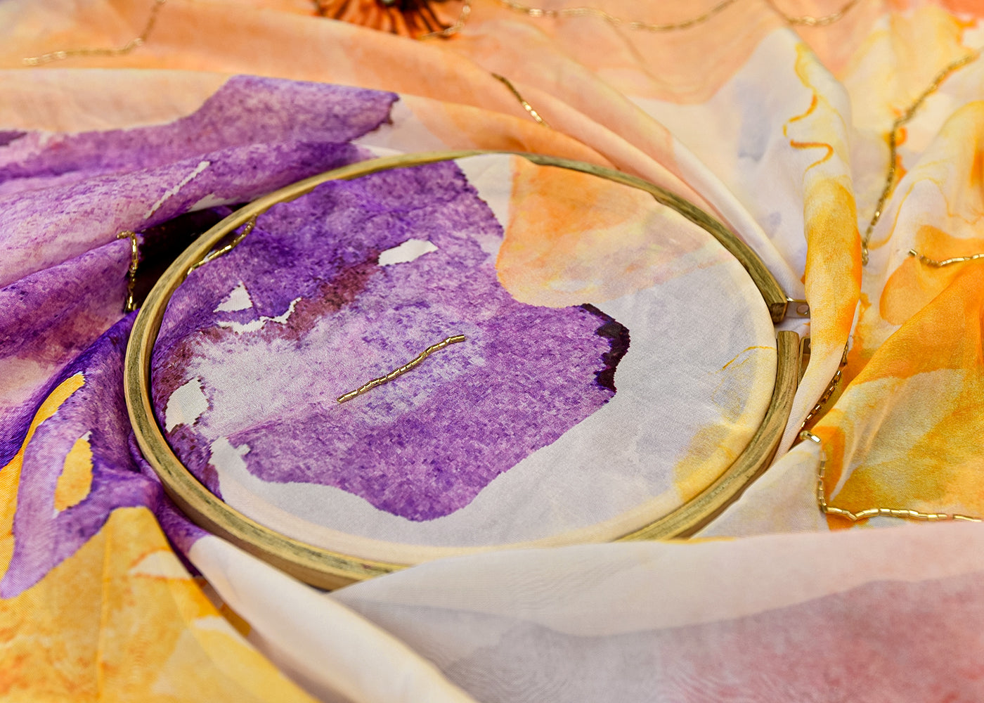 Purple Organza Fabric with All Over Print, Katdana, and Pearl Work 15223