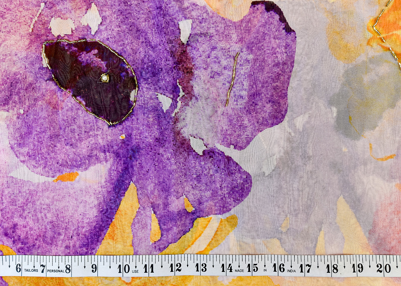 Purple Organza Fabric with All Over Print, Katdana, and Pearl Work 15223