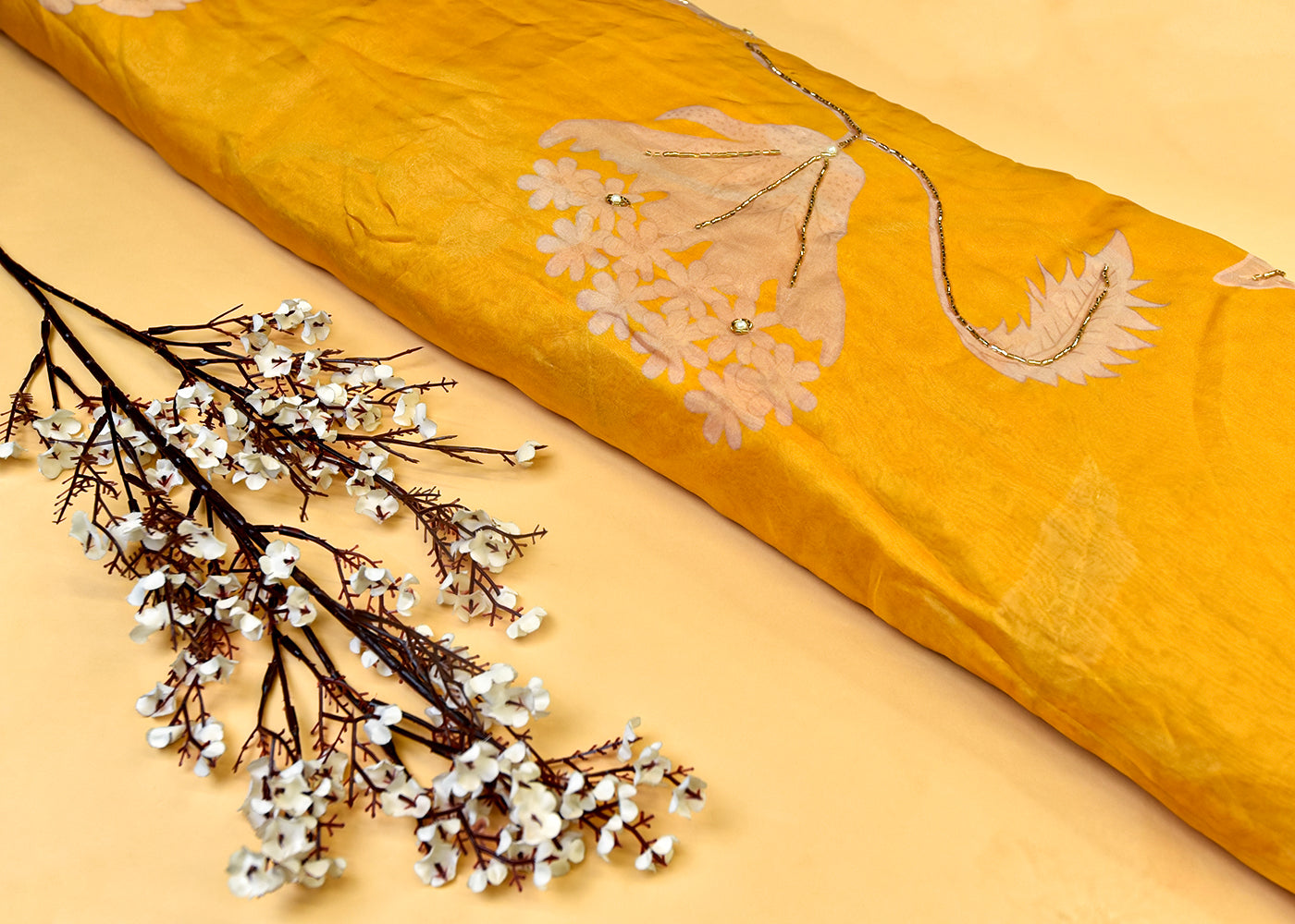 Yellow Organza Fabric with All Over Print, Katdana, and Pearl Work 15224