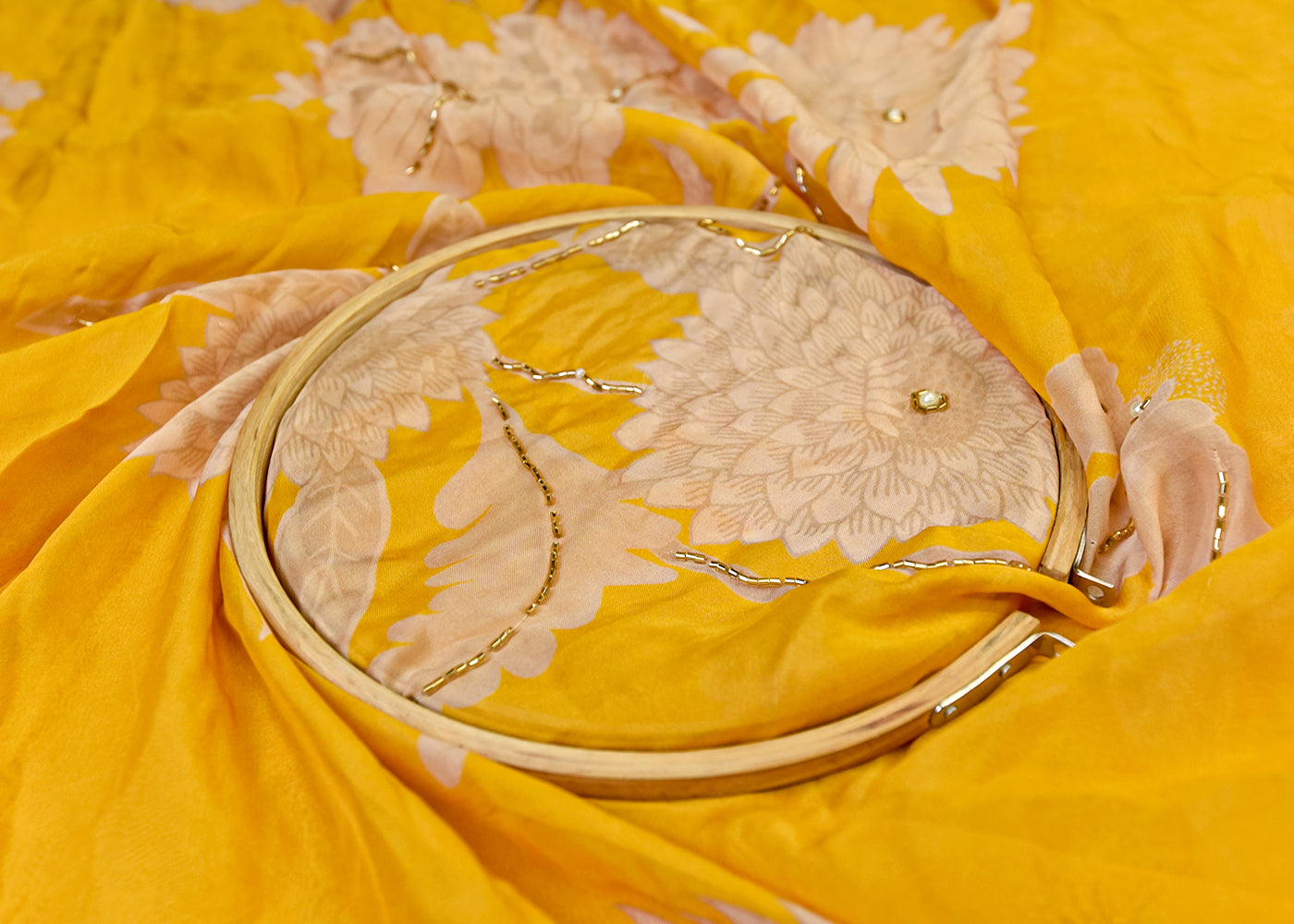 Yellow Organza Fabric with All Over Print, Katdana, and Pearl Work 15224