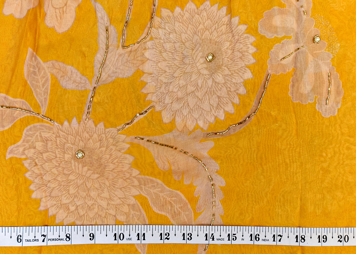 Yellow Organza Fabric with All Over Print, Katdana, and Pearl Work 15224