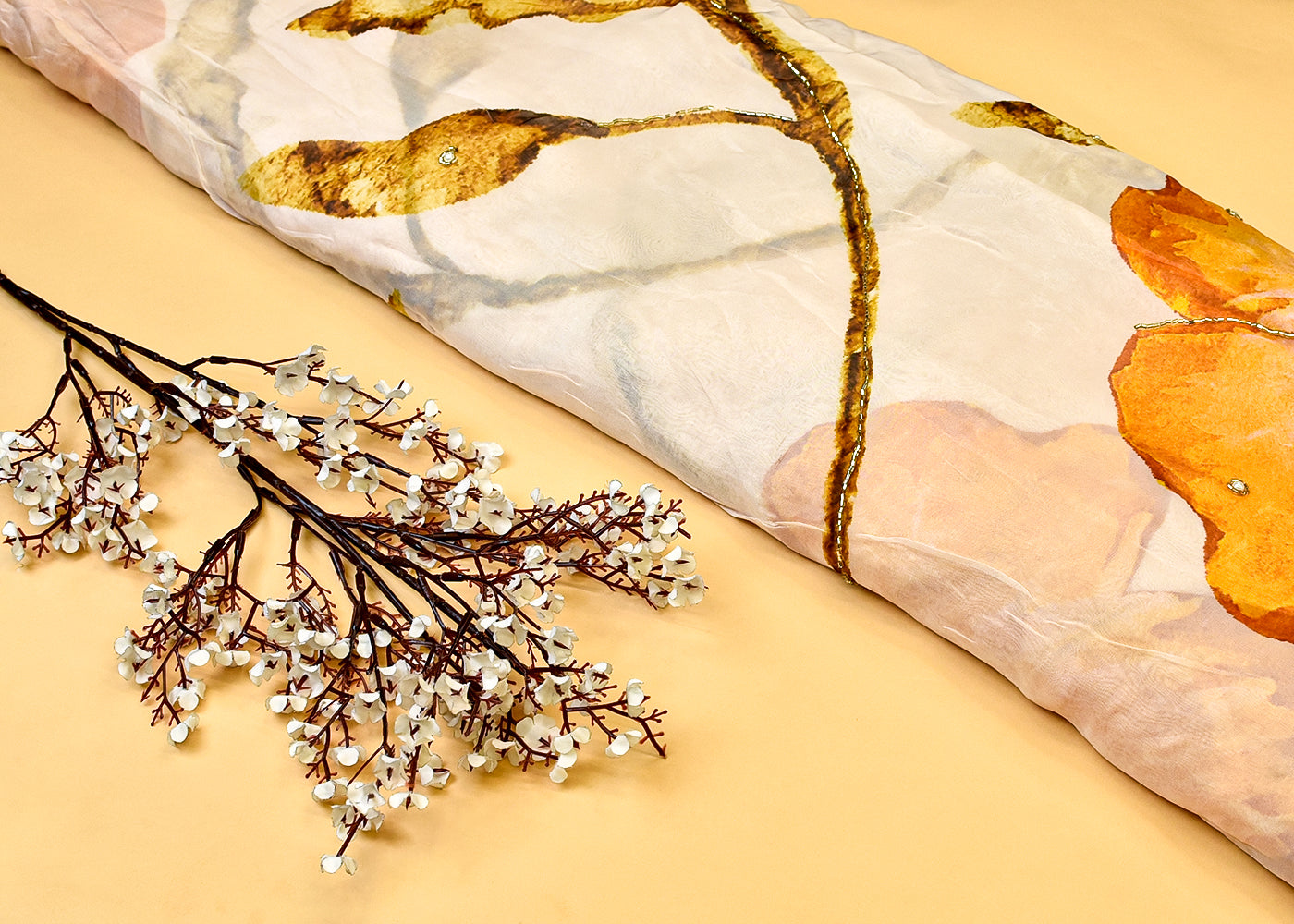 Yellow Organza Fabric with All-Over Print, Katdana and Pearl Work 15228