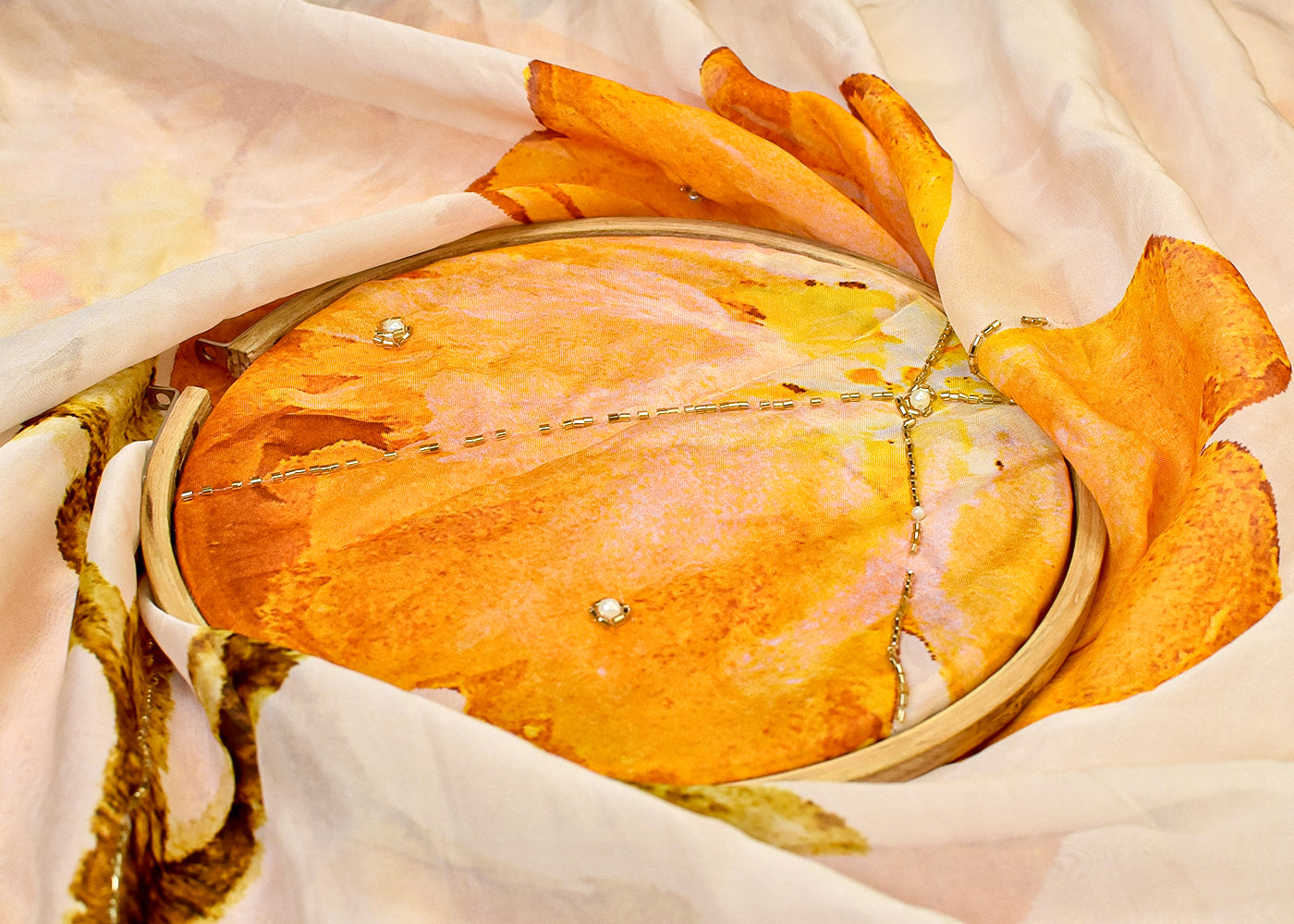 Yellow Organza Fabric with All-Over Print, Katdana and Pearl Work 15228