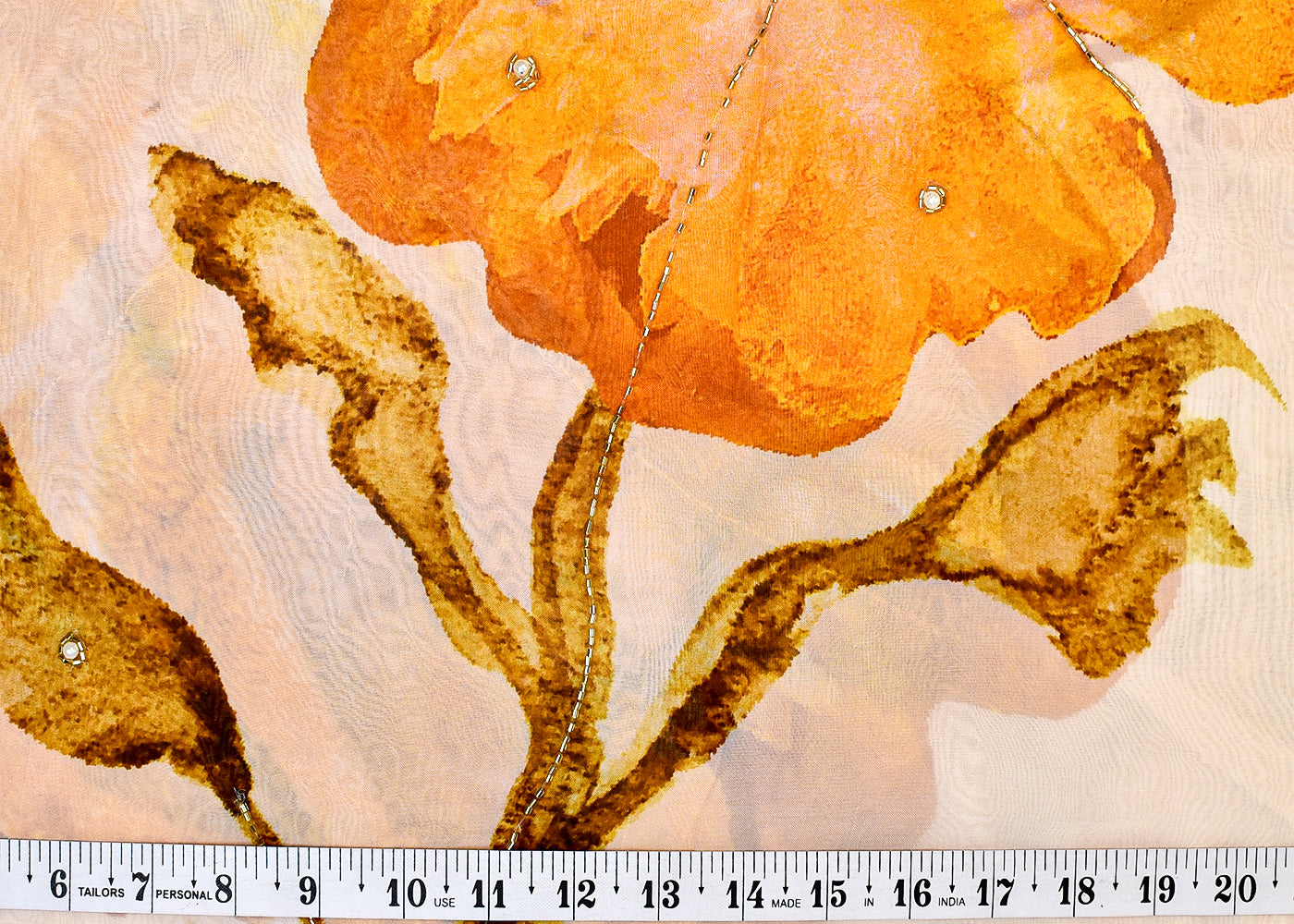 Yellow Organza Fabric with All-Over Print, Katdana and Pearl Work 15228