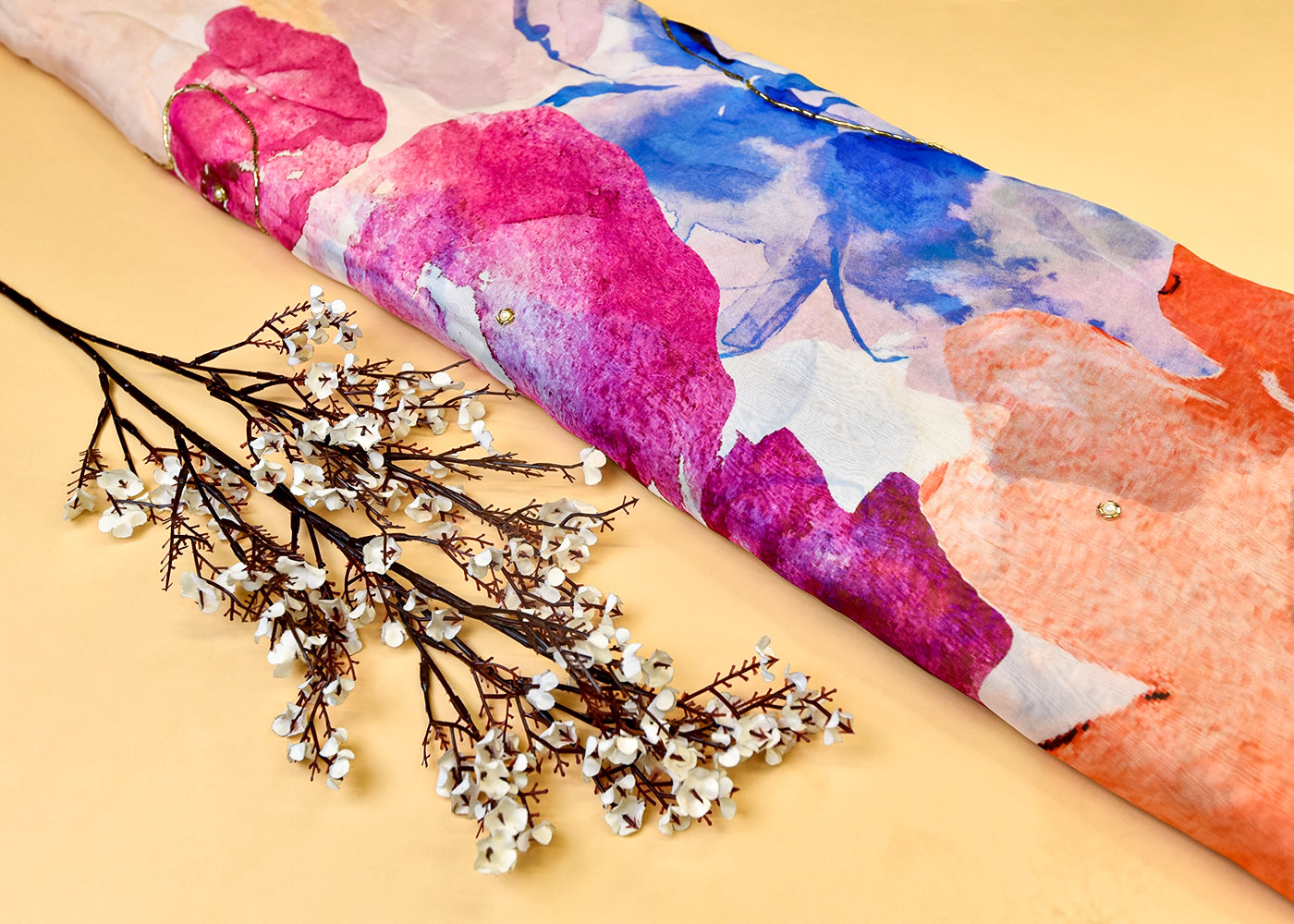 Magenta Organza Fabric with All Over Print, Katdana, and Pearl Work 15229