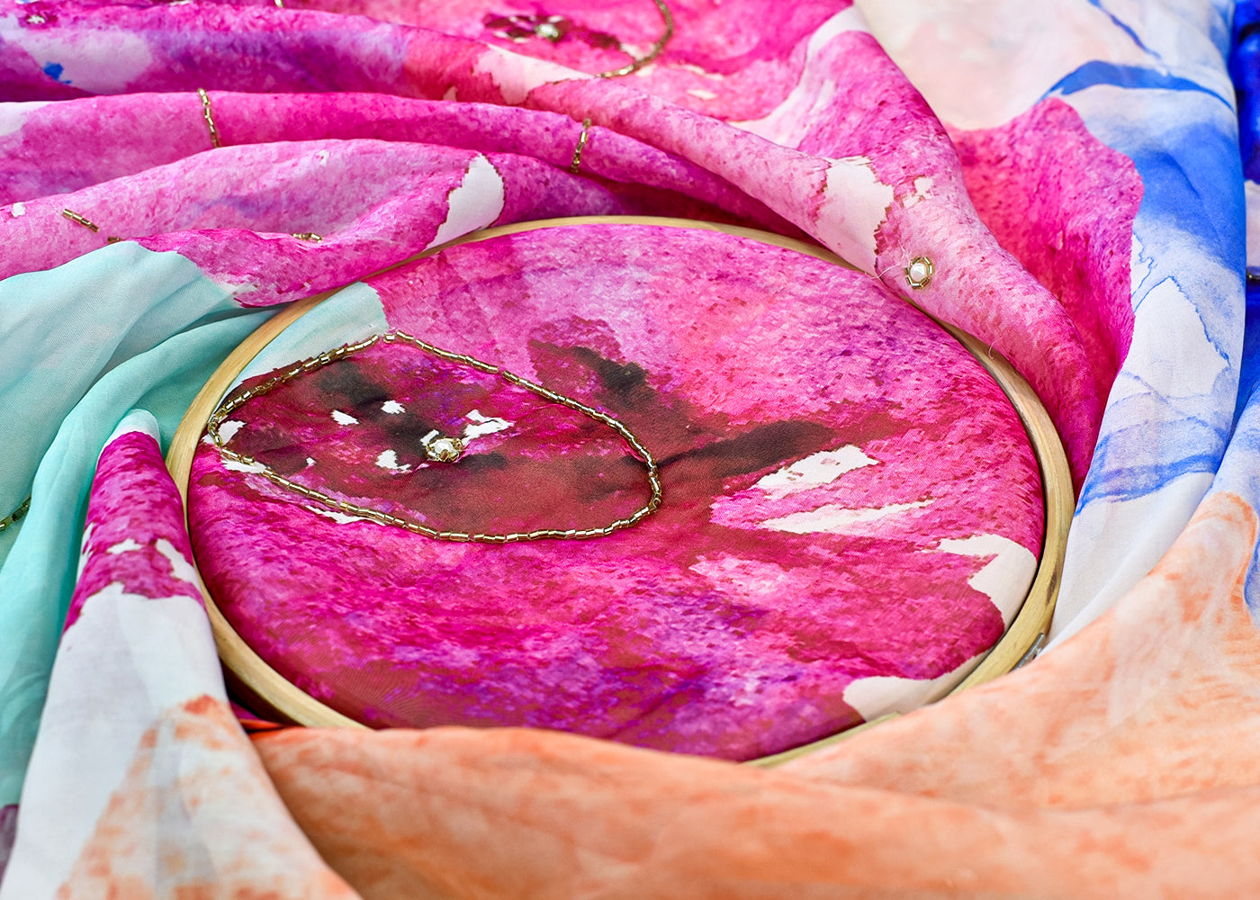 Magenta Organza Fabric with All Over Print, Katdana, and Pearl Work 15229