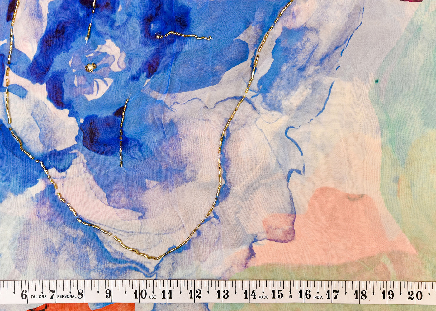 Magenta Organza Fabric with All Over Print, Katdana, and Pearl Work 15229