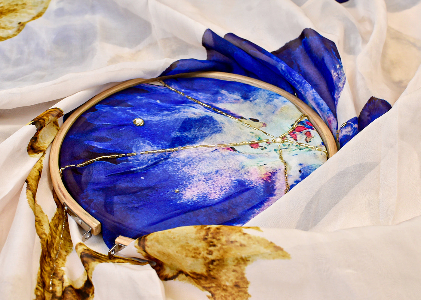 Blue Organza Fabric with All Over Print, Katdana, and Pearl Work 15230