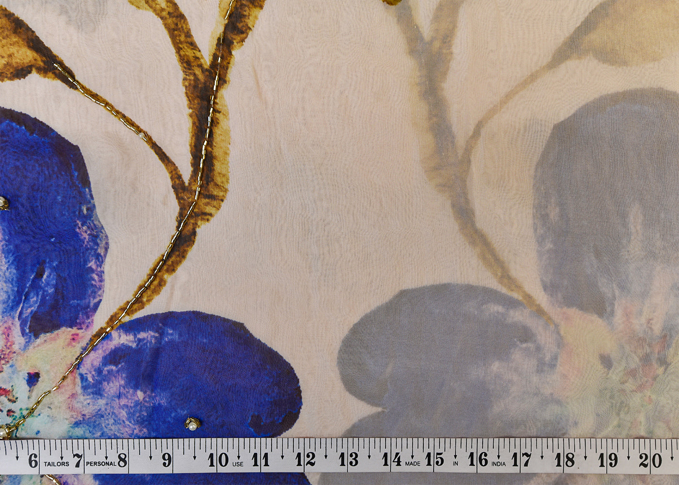 Blue Organza Fabric with All Over Print, Katdana, and Pearl Work 15230