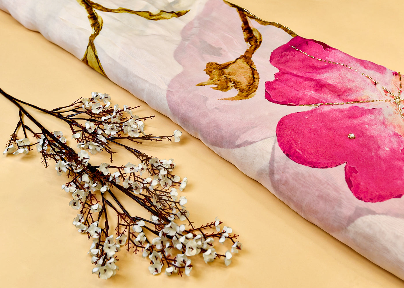 Pink Organza Fabric with All Over Print, Katdana, and Pearl Work 15232