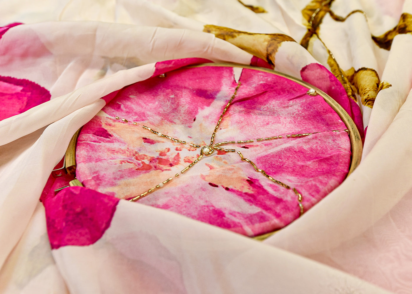 Pink Organza Fabric with All Over Print, Katdana, and Pearl Work 15232