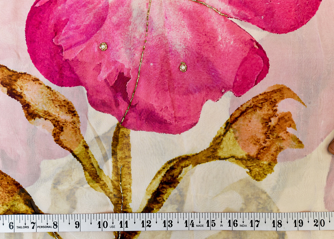 Pink Organza Fabric with All Over Print, Katdana, and Pearl Work 15232