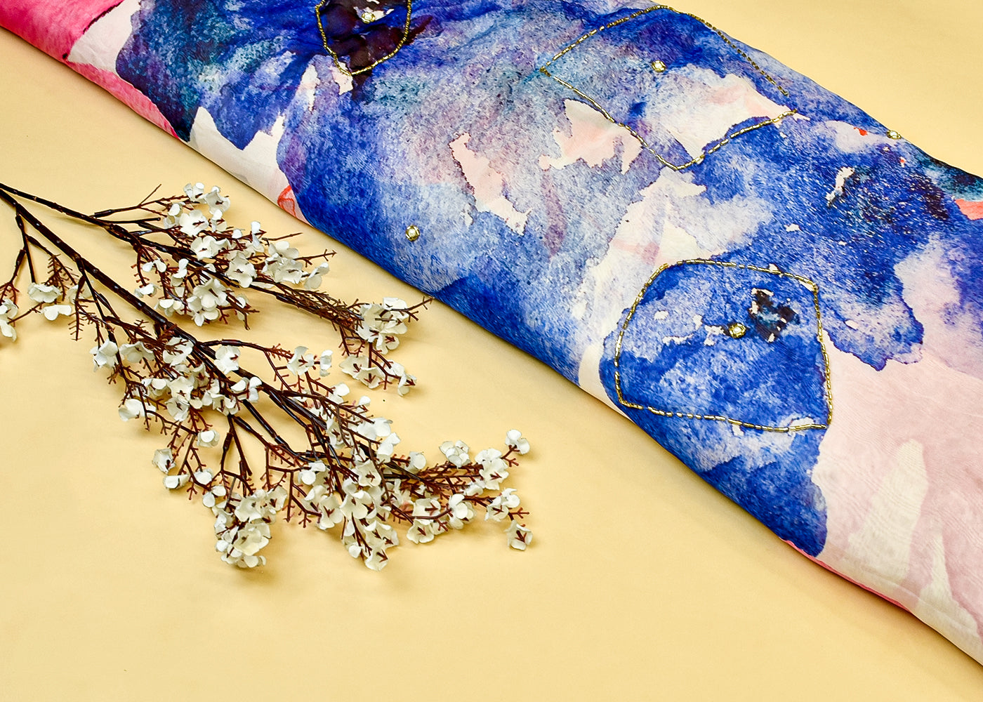 Pink Organza Fabric with All-Over Print, Katdana and Pearl Work 15234