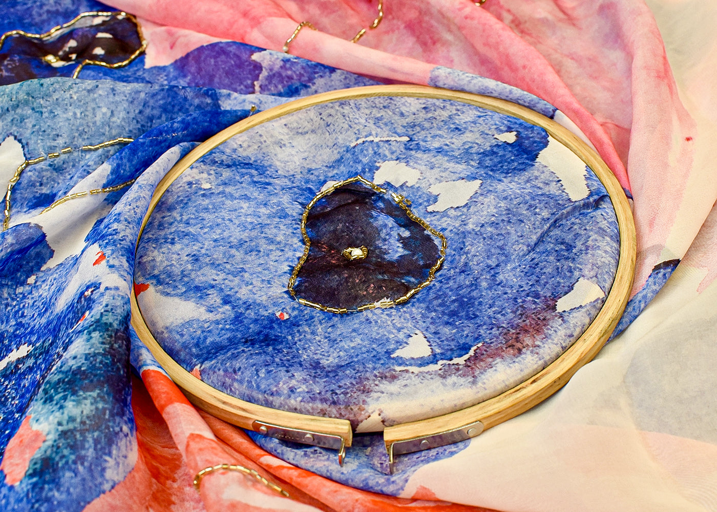 Pink Organza Fabric with All-Over Print, Katdana and Pearl Work 15234