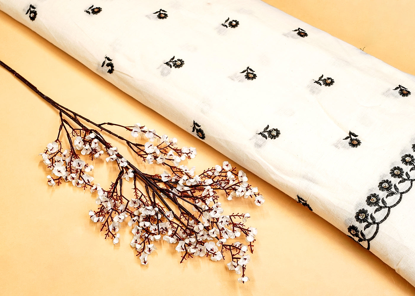 Off White Cotton Fabric with All-Over Black Thread & Sequins Work and Two Side Scalloped Border 15236