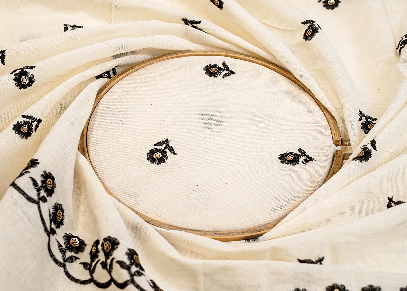 Off White Cotton Fabric with All-Over Black Thread & Sequins Work and Two Side Scalloped Border 15236