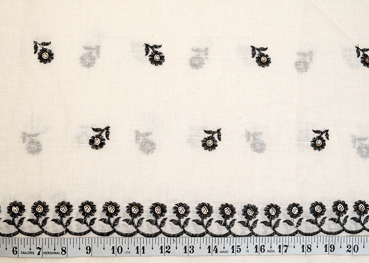 Off White Cotton Fabric with All-Over Black Thread & Sequins Work and Two Side Scalloped Border 15236