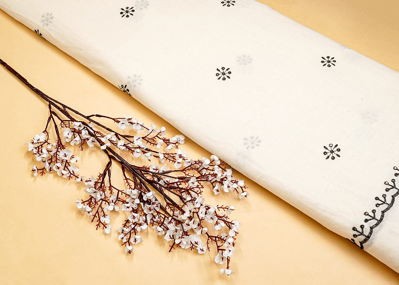 Off White Cotton Fabric with All-Over Black Thread & Sequins Work and Two Side Scalloped Border 15238