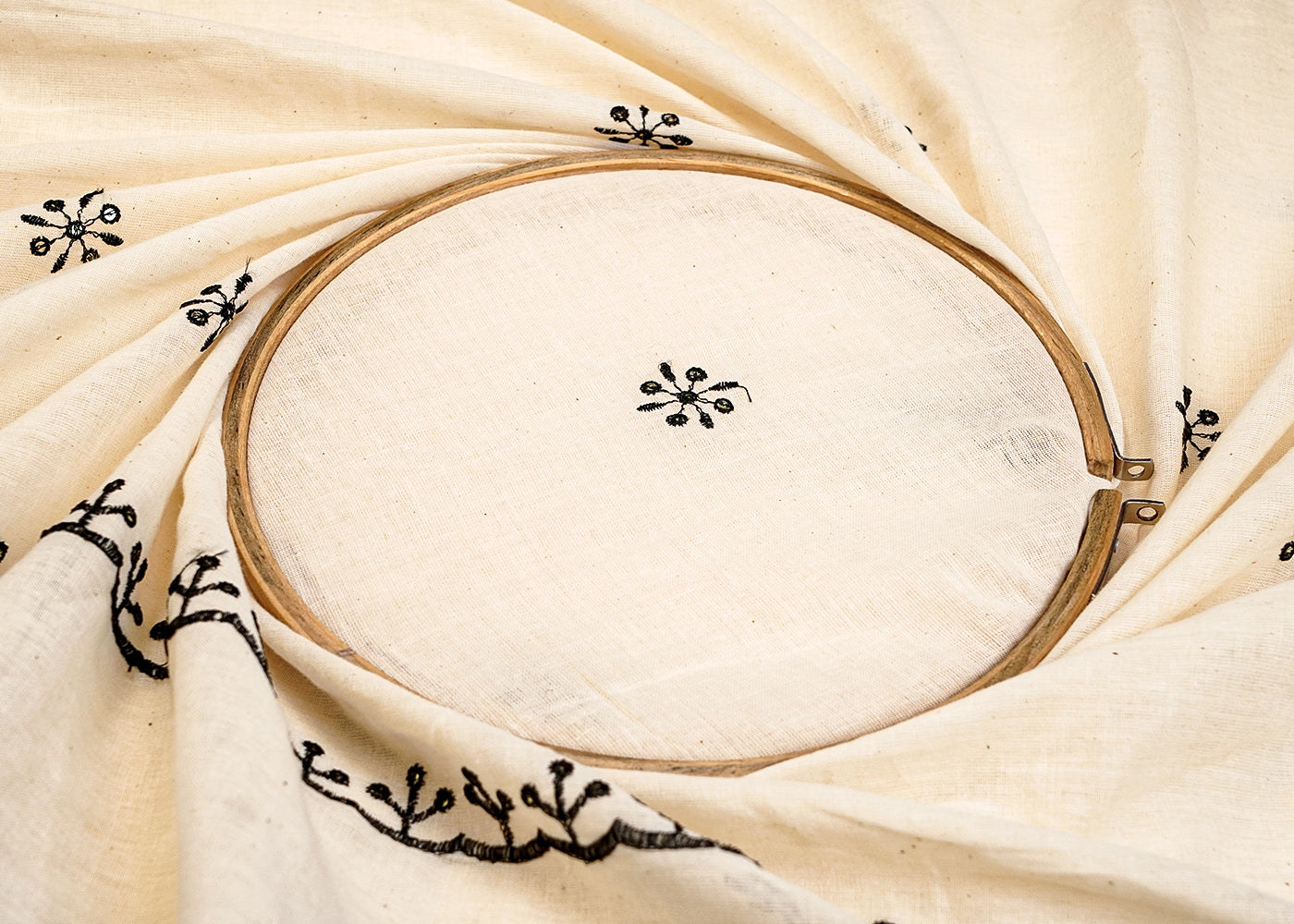 Off White Cotton Fabric with All-Over Black Thread & Sequins Work and Two Side Scalloped Border 15238