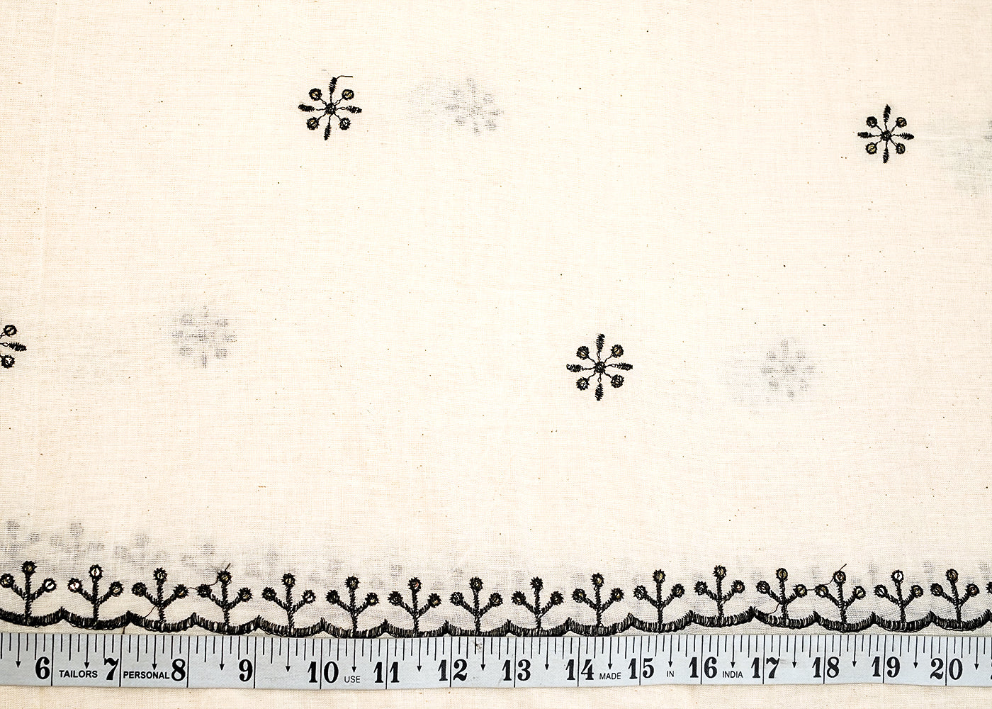 Off White Cotton Fabric with All-Over Black Thread & Sequins Work and Two Side Scalloped Border 15238