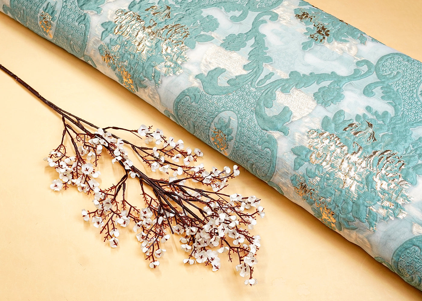 Teal Faux Organza Fabric with All-Over Embossed Work 15248