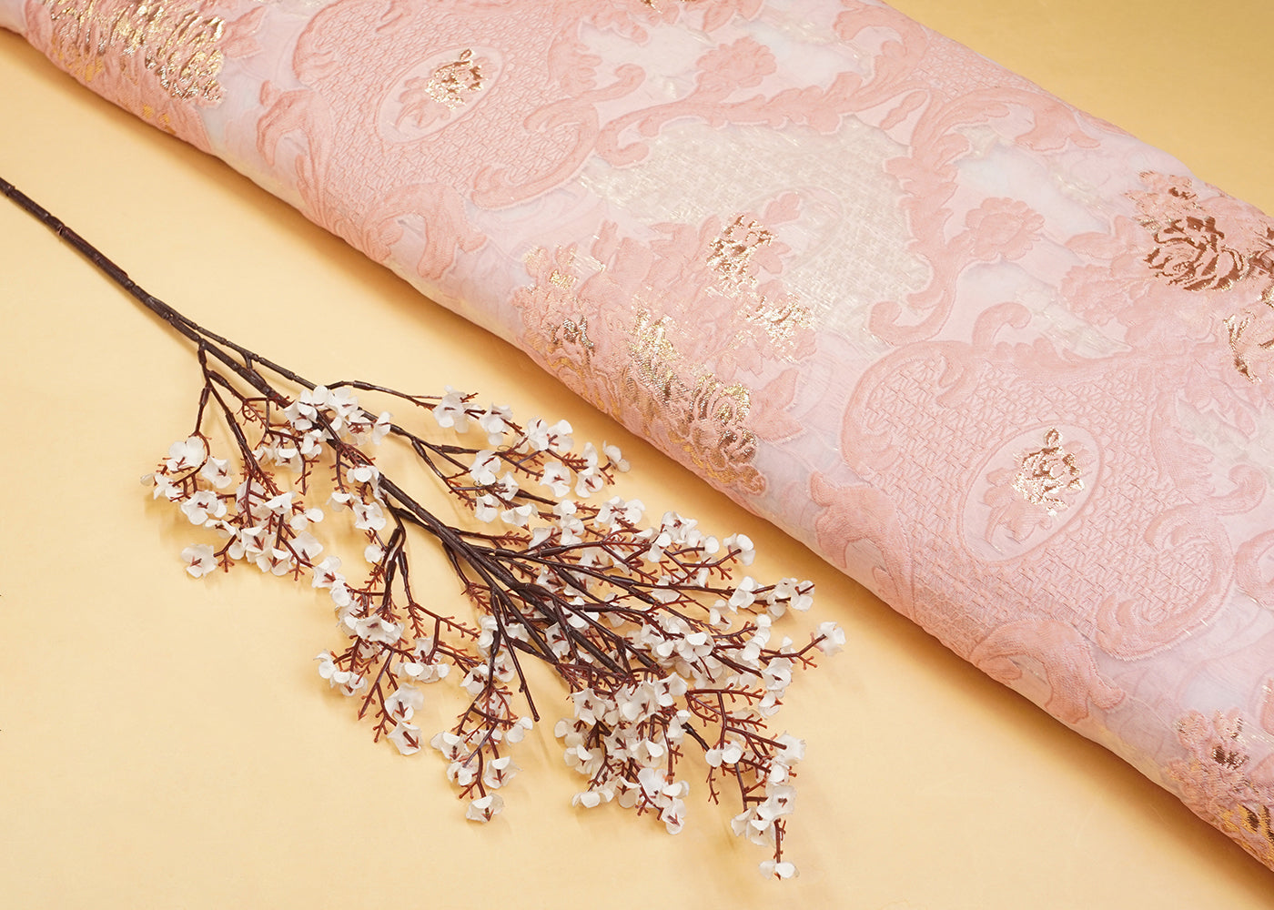 Peach Imported Faux Organza Fabric with All-Over Embossed Work 15249