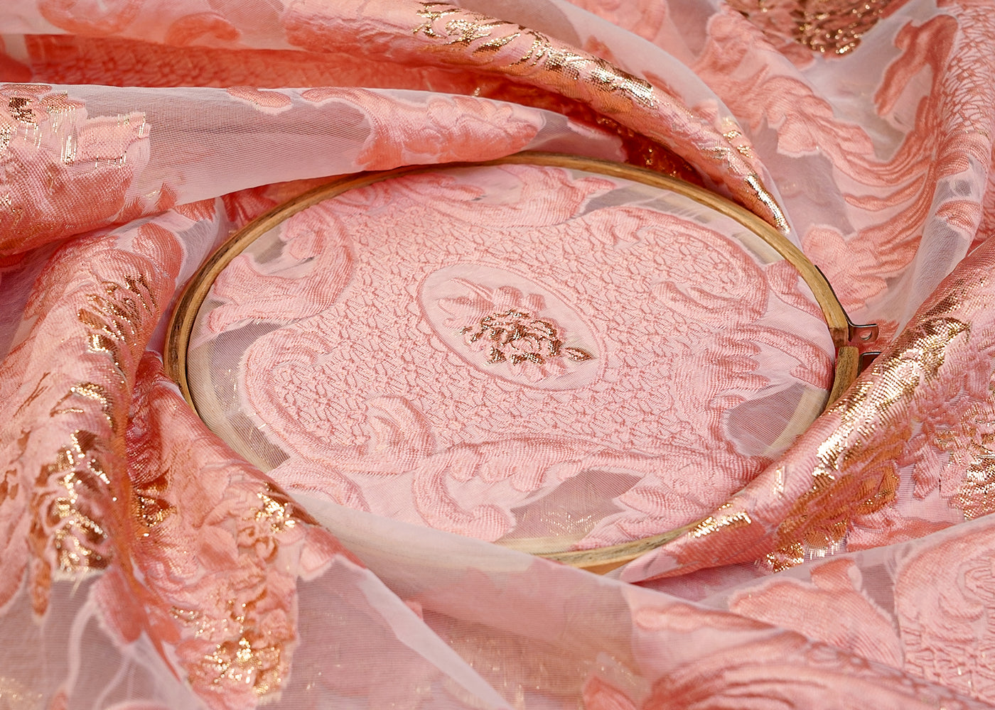 Peach Imported Faux Organza Fabric with All-Over Embossed Work 15249