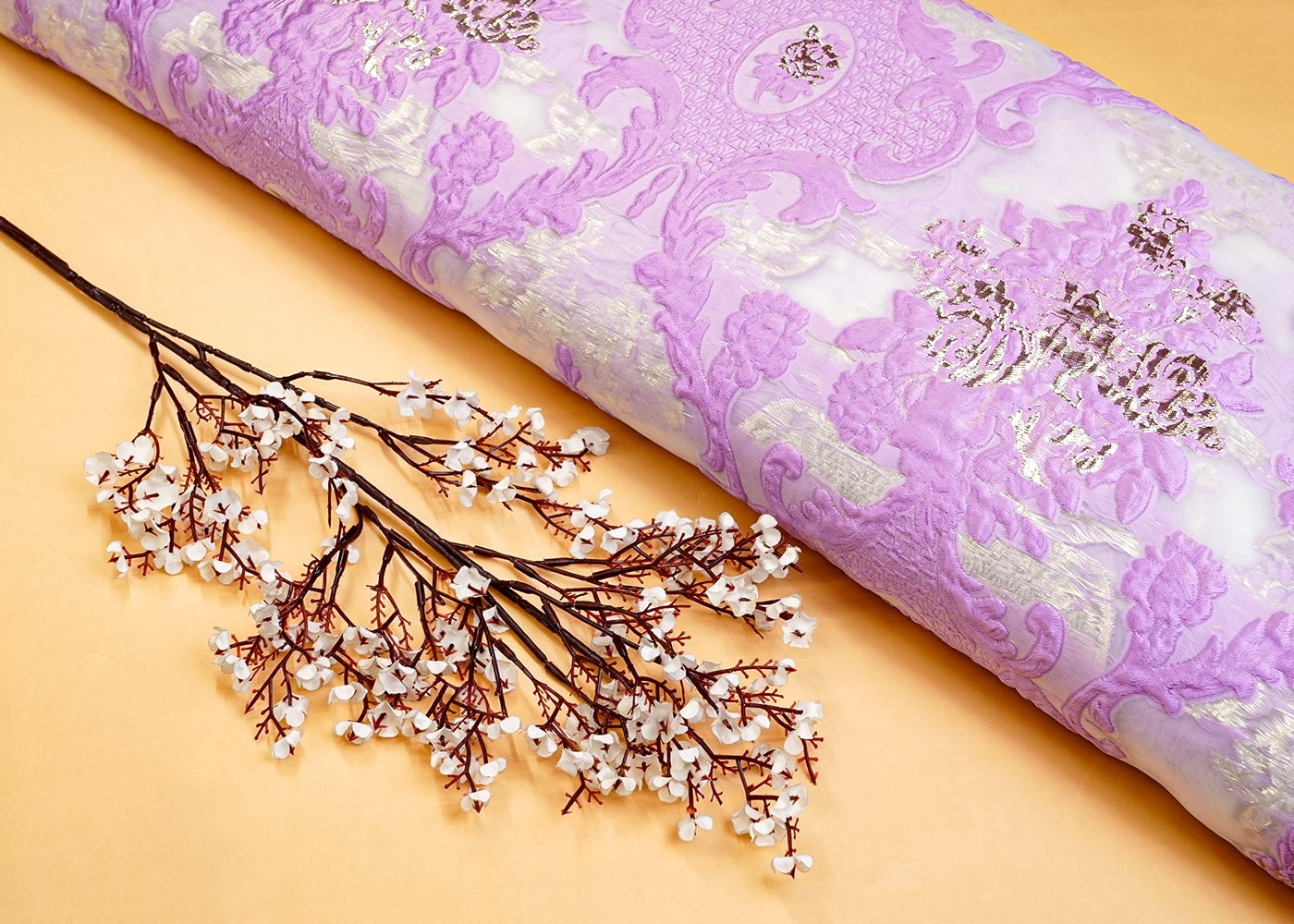 Lavender Imported Faux Organza Fabric with All-Over Embossed Work 15251